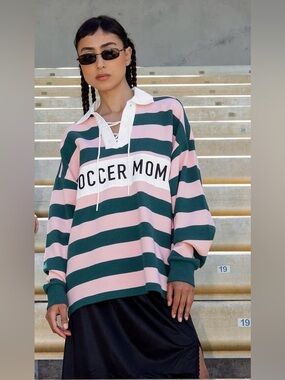 Teddy Fresh "Soccer Mom" Striped Lace-Up Rugby Long Sleeve Shirt Size L